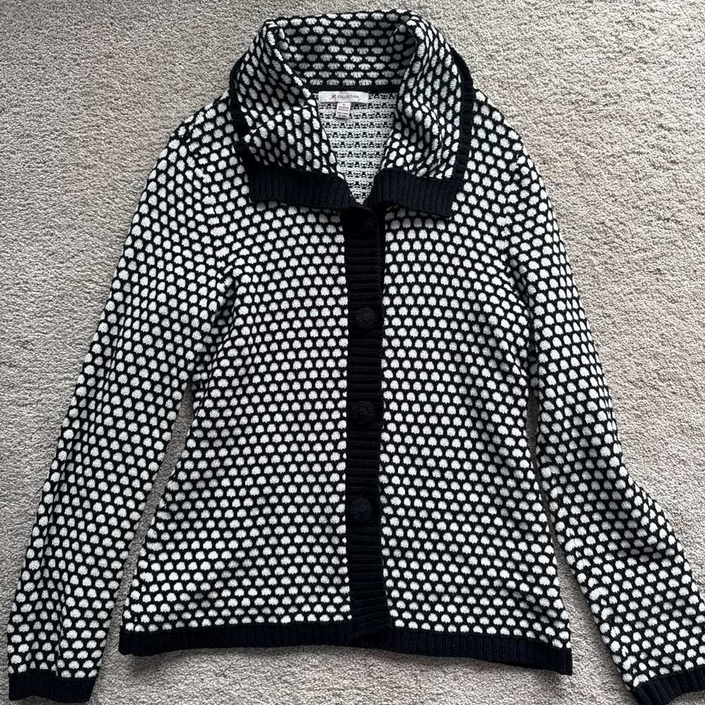 JM Collection Knit Black and White Dot Pattern Button Up Cardigan Size S